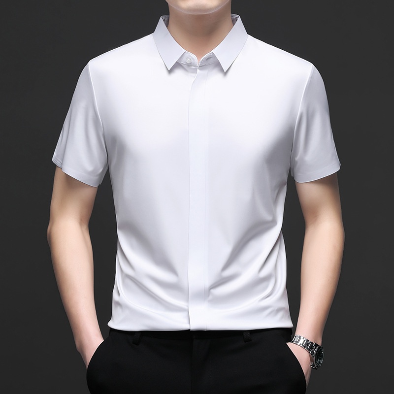 Men's Short Sleeve Hidden Placket Collared Shirt