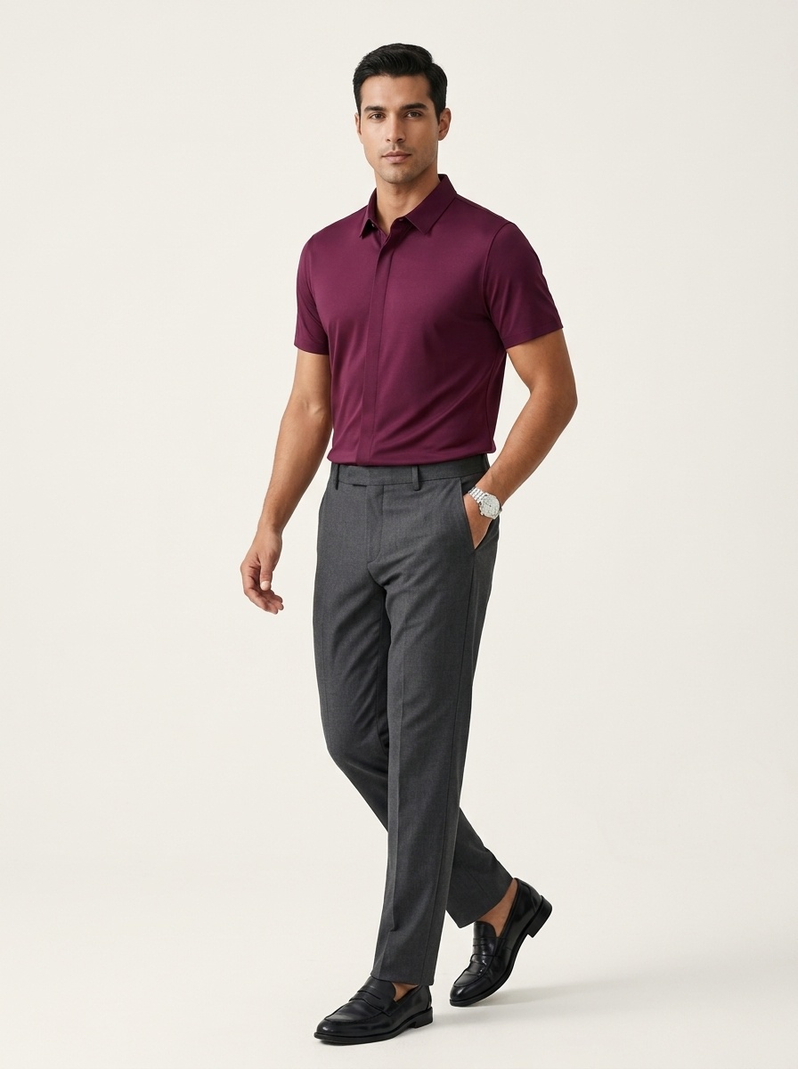 Men's Short Sleeve Hidden Placket Collared Shirt