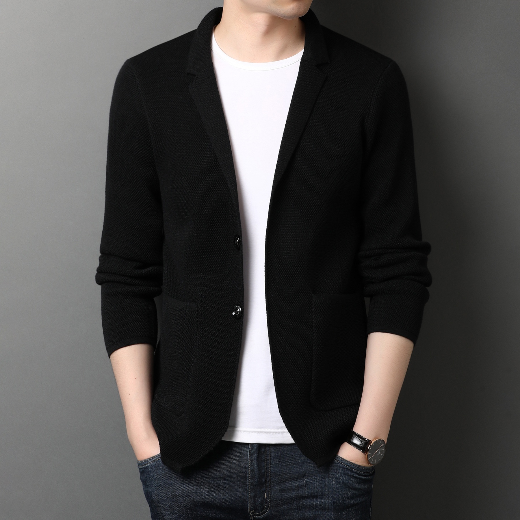 Men's Stand Collar Knit Blazer Cardigan Jacket