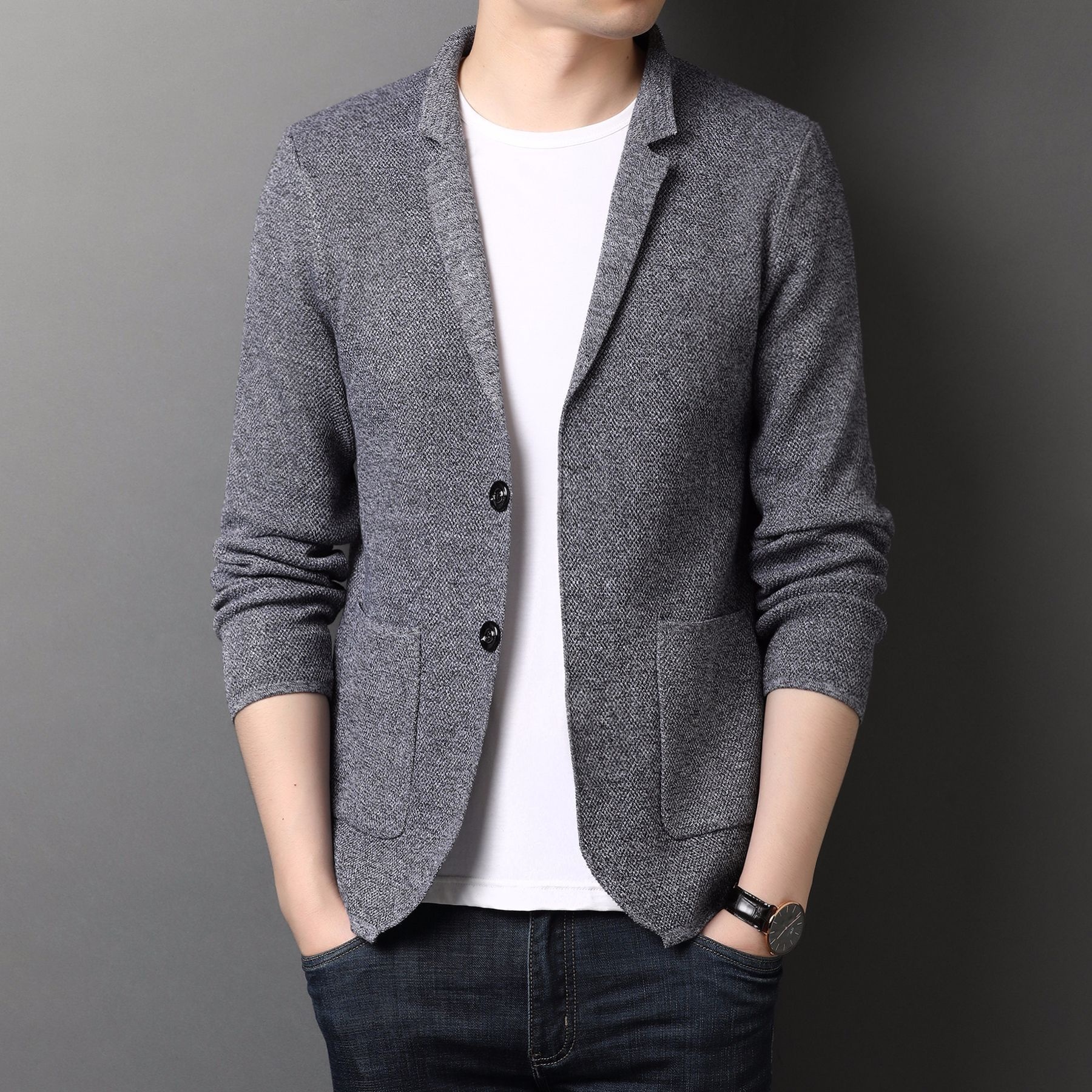Men's Stand Collar Knit Blazer Cardigan Jacket