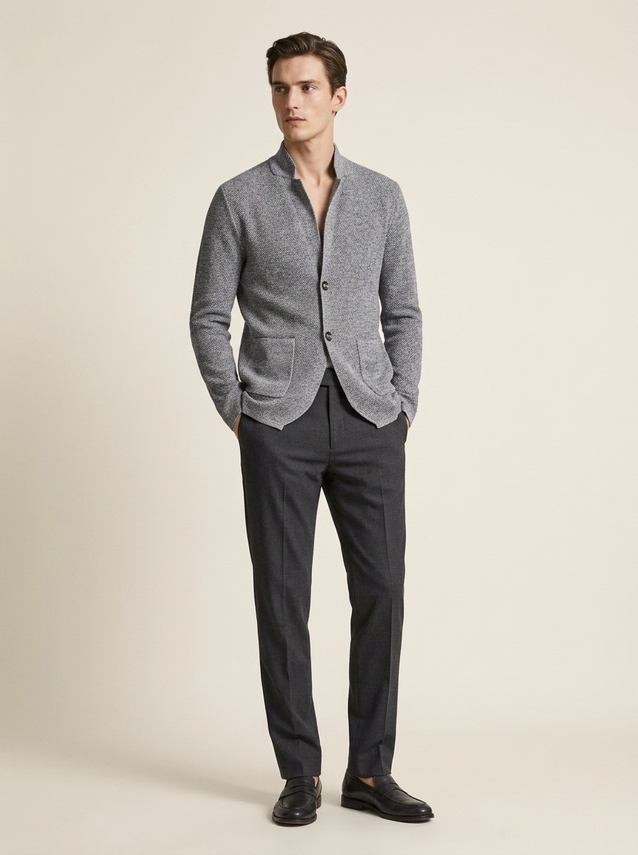 Men's Stand Collar Knit Blazer Cardigan Jacket