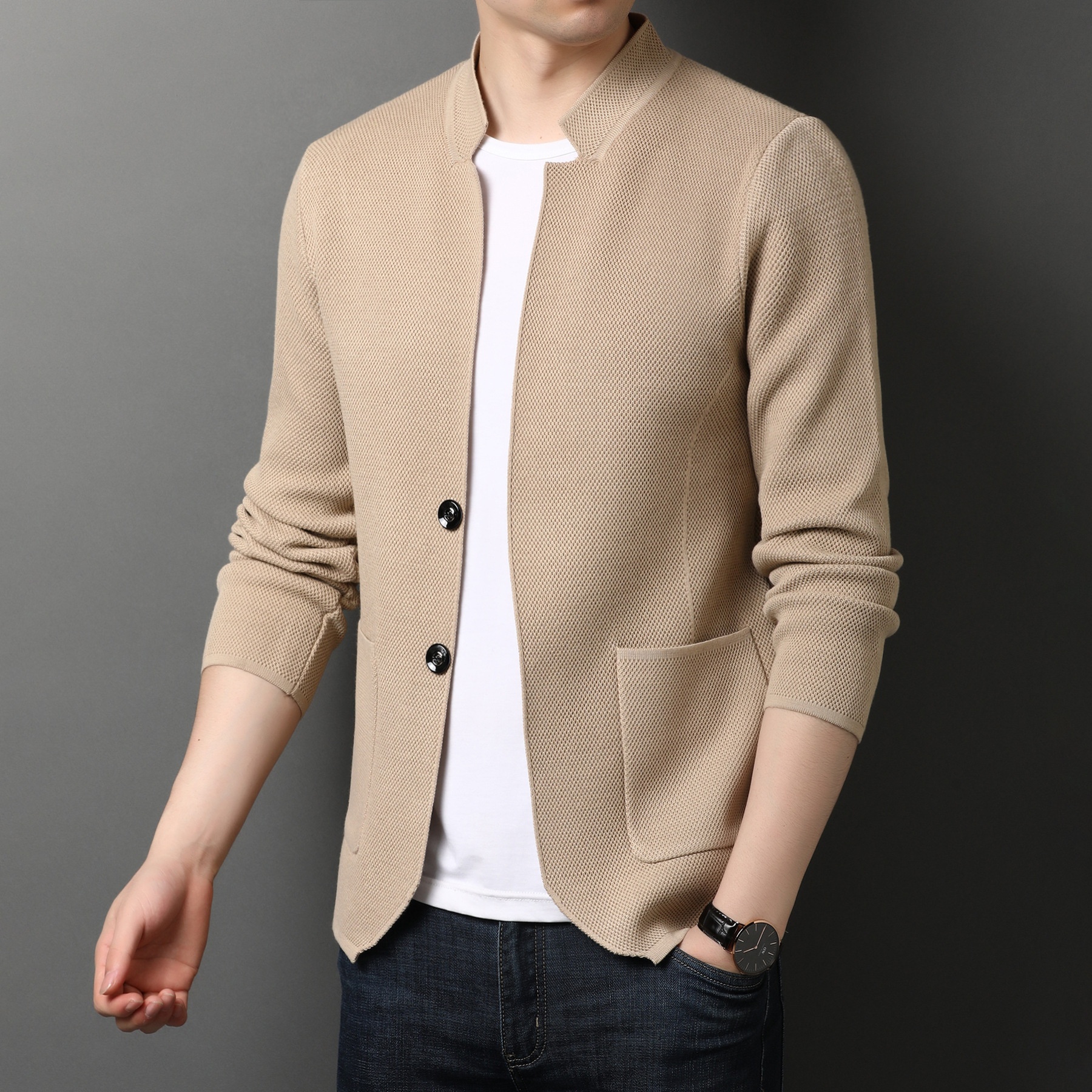 Men's Stand Collar Knit Blazer Cardigan Jacket