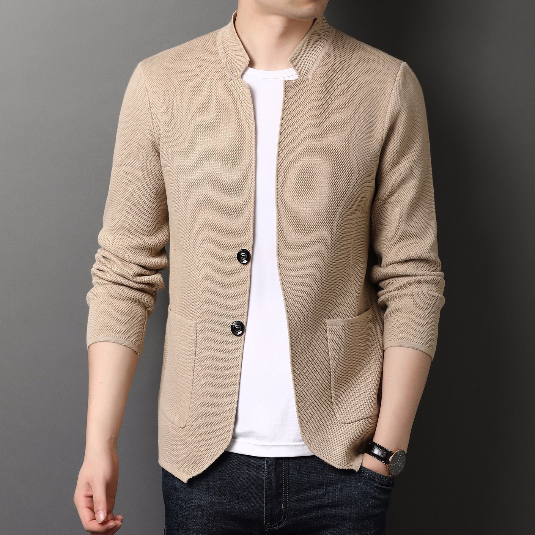 Men's Stand Collar Knit Blazer Cardigan Jacket