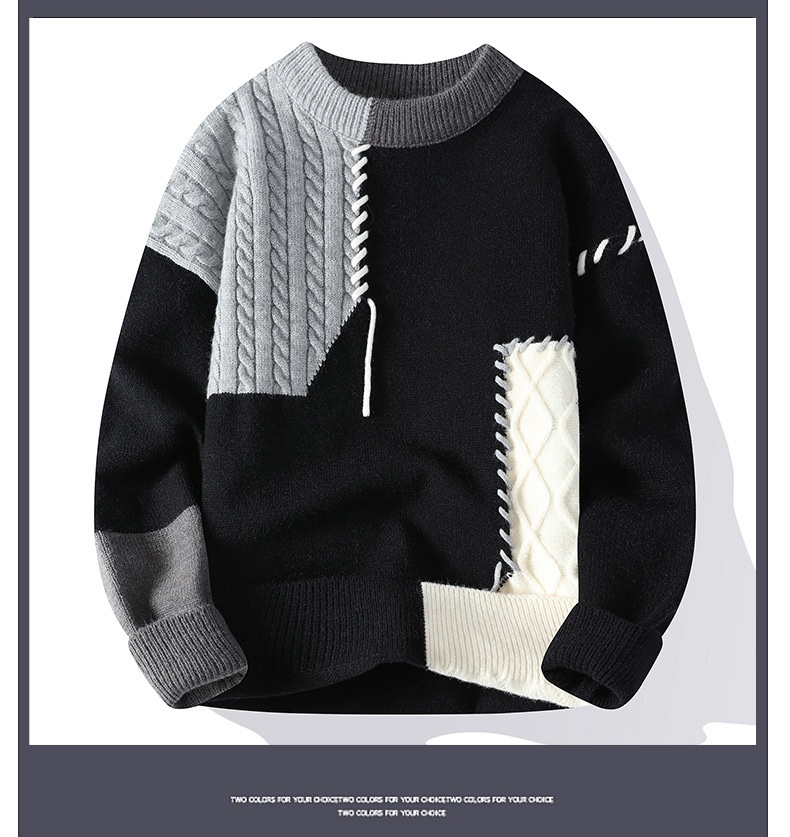 Men's Colorblock Patchwork Cable Knit Crewneck Sweater