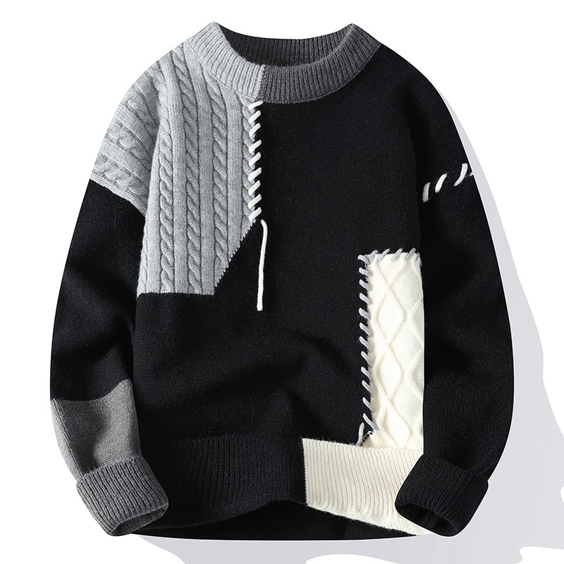 Men's Colorblock Patchwork Cable Knit Crewneck Sweater
