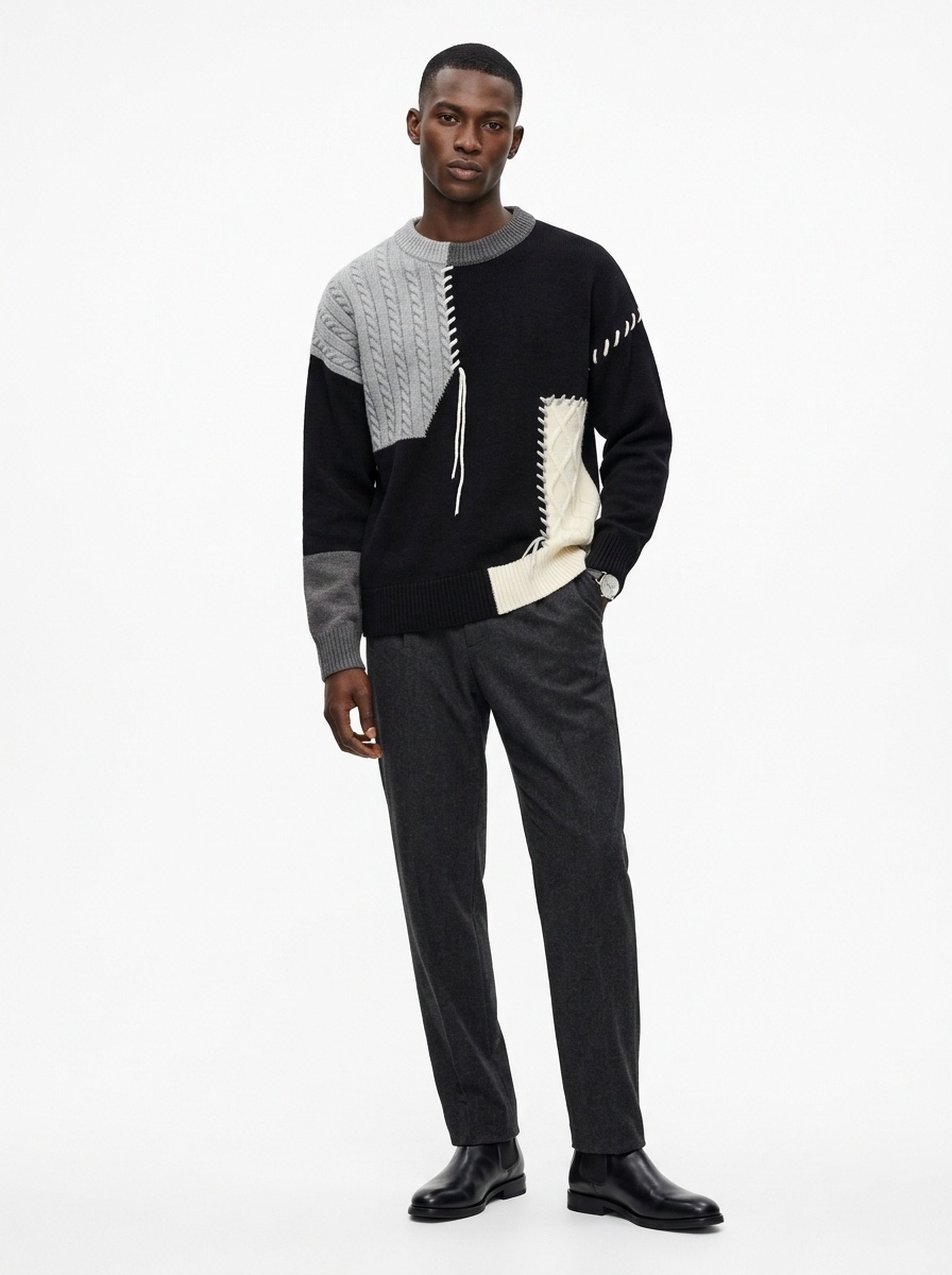 Men's Colorblock Patchwork Cable Knit Crewneck Sweater