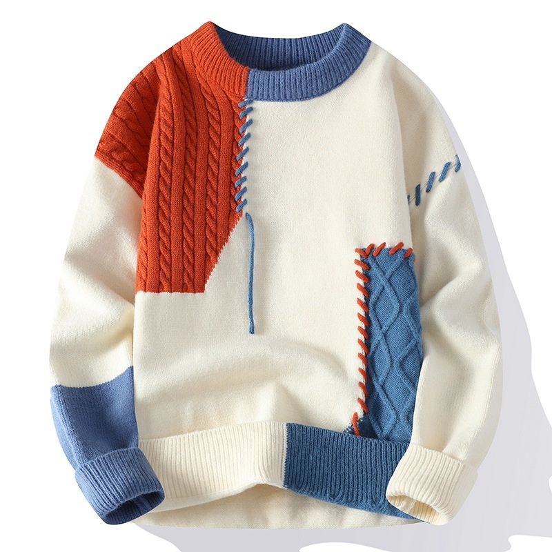 Men's Colorblock Patchwork Cable Knit Crewneck Sweater