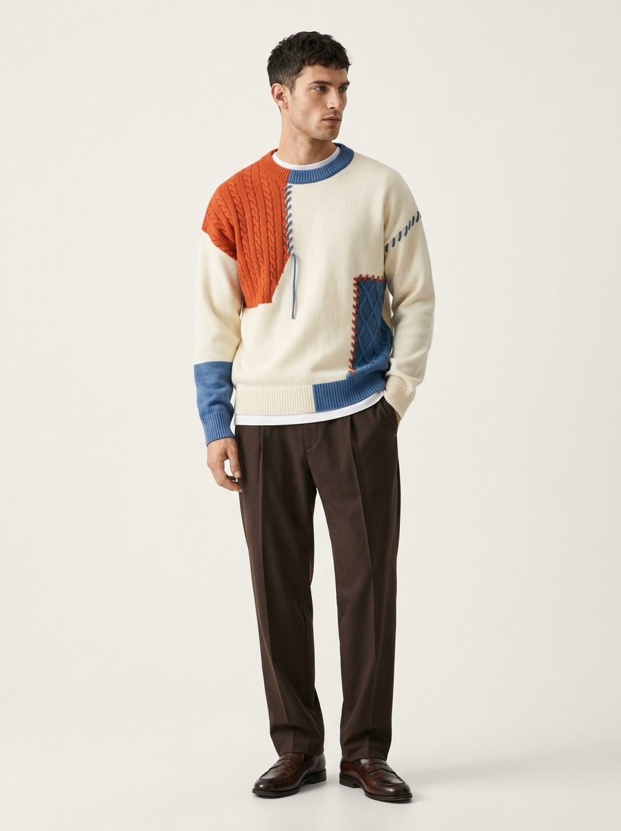 Men's Colorblock Patchwork Cable Knit Crewneck Sweater
