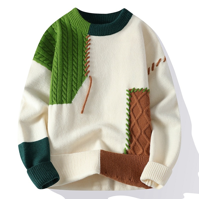 Men's Colorblock Patchwork Cable Knit Crewneck Sweater