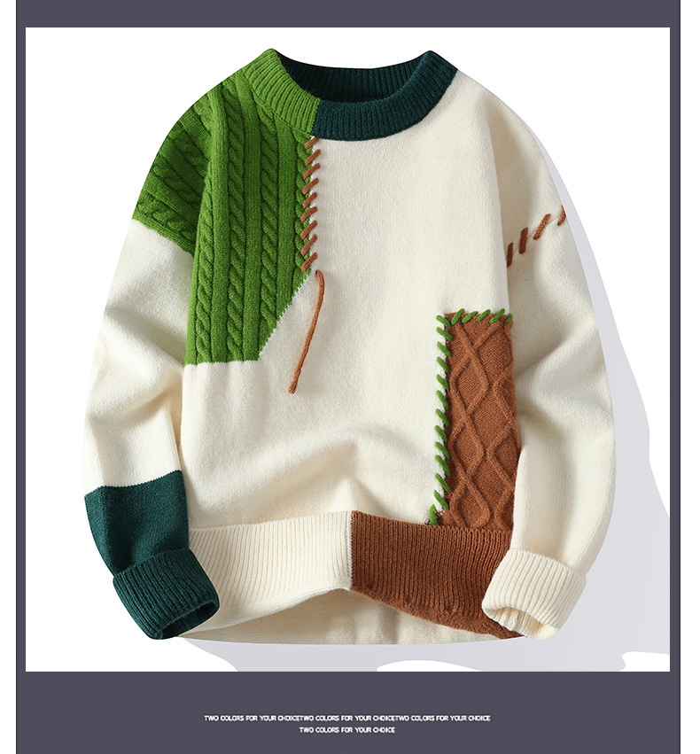 Men's Colorblock Patchwork Cable Knit Crewneck Sweater