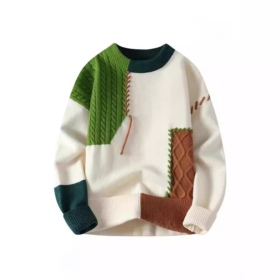 Men's Colorblock Patchwork Cable Knit Crewneck Sweater
