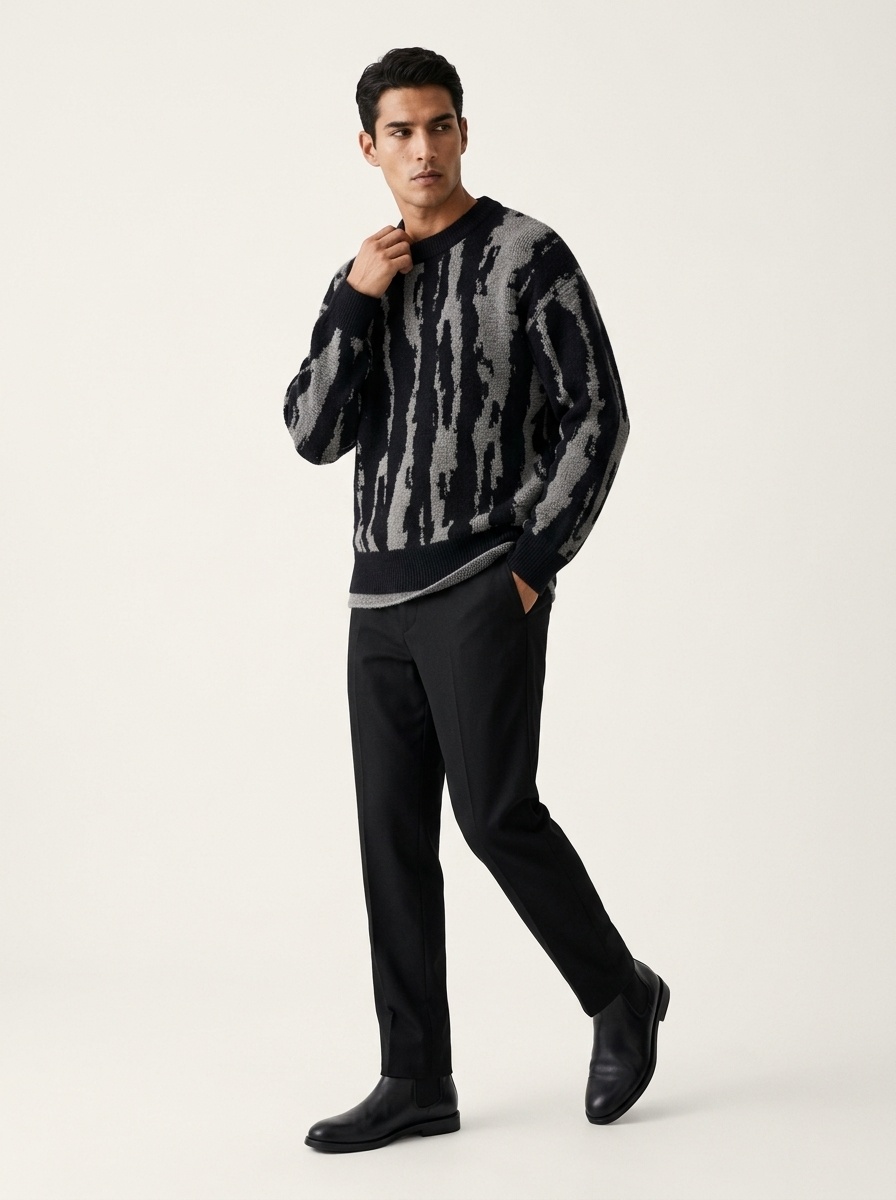 Men's Abstract Pattern Crewneck Knit Sweater