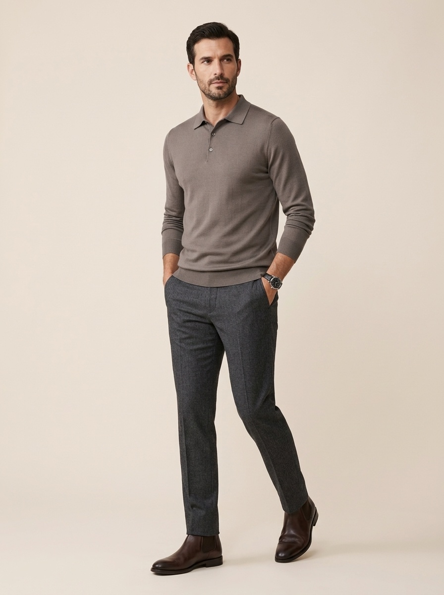 Men's Long Sleeve Knit Polo Shirt Sweater
