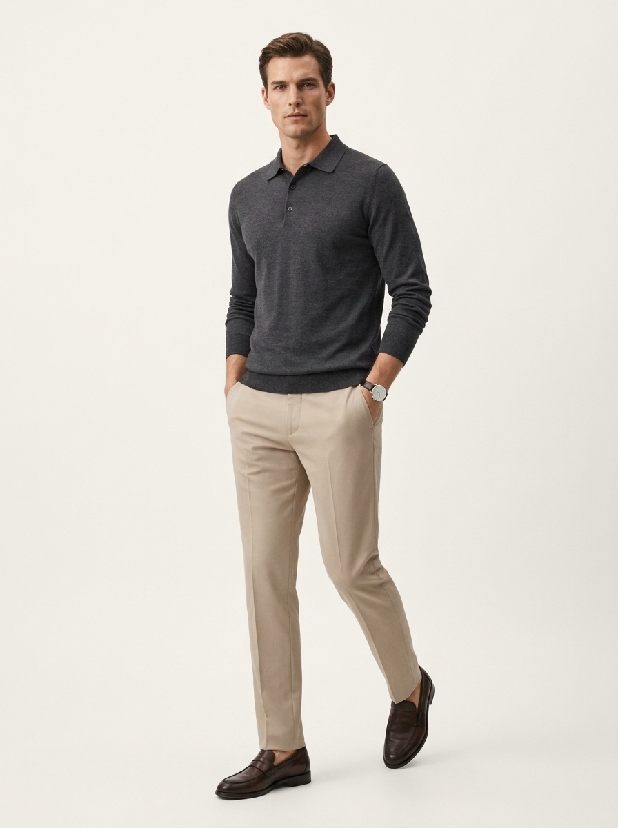 Men's Long Sleeve Knit Polo Shirt Sweater