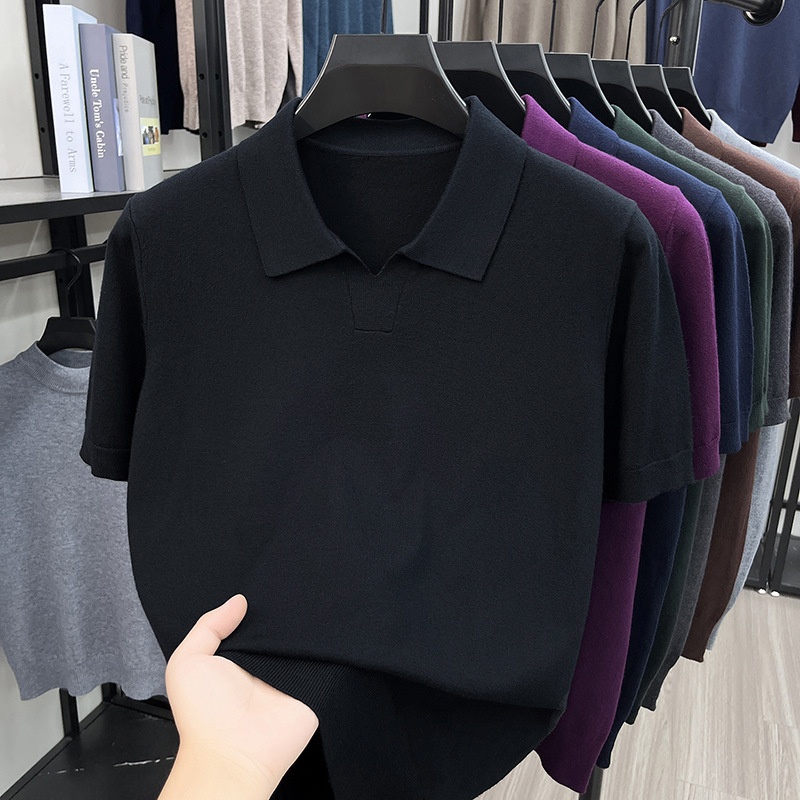 Men's Knit Polo Shirt Short Sleeve Open Collar Top
