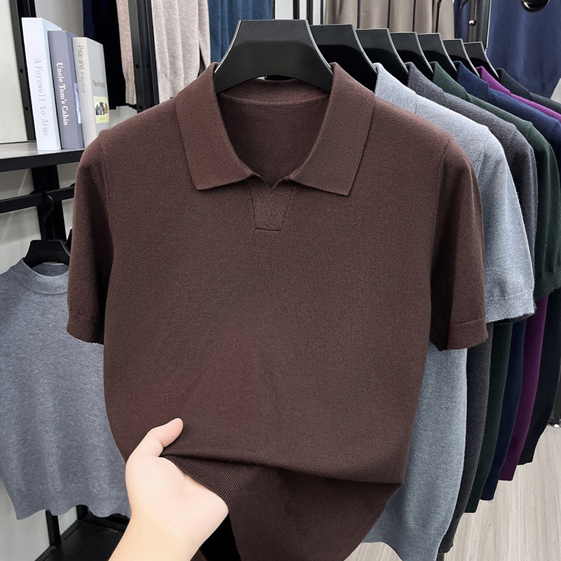 Men's Knit Polo Shirt Short Sleeve Open Collar Top