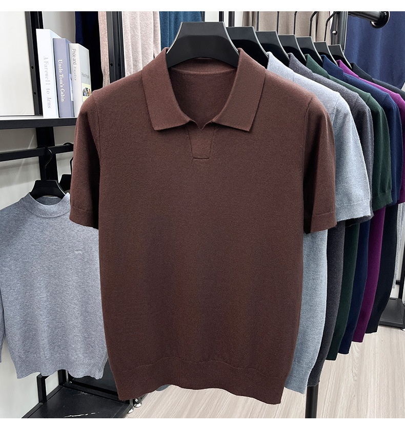 Men's Knit Polo Shirt Short Sleeve Open Collar Top