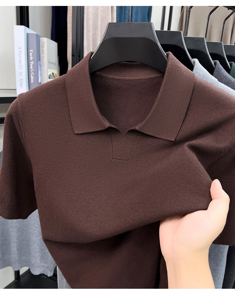 Men's Knit Polo Shirt Short Sleeve Open Collar Top