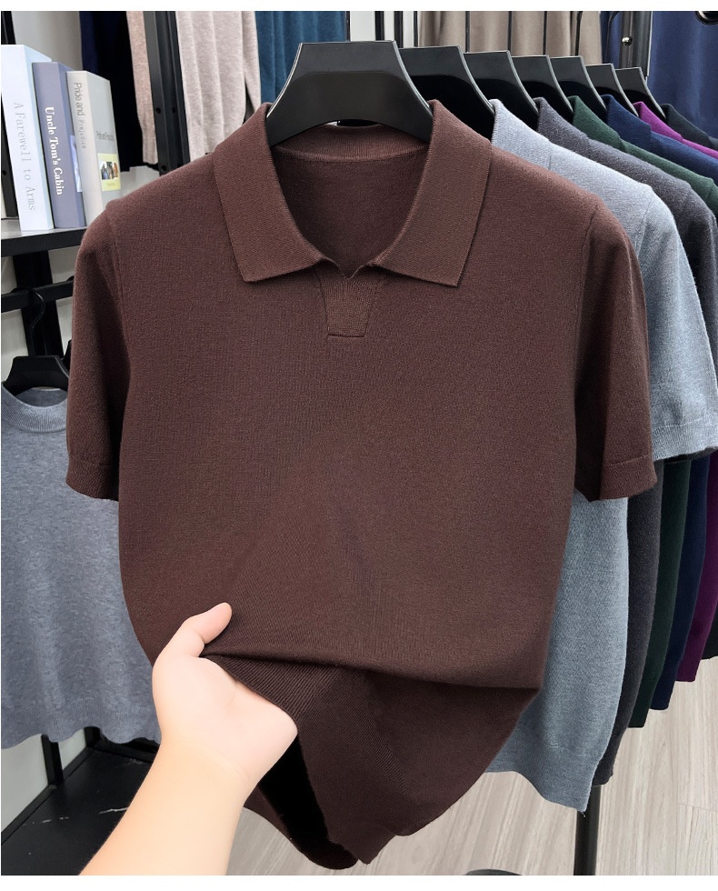 Men's Knit Polo Shirt Short Sleeve Open Collar Top