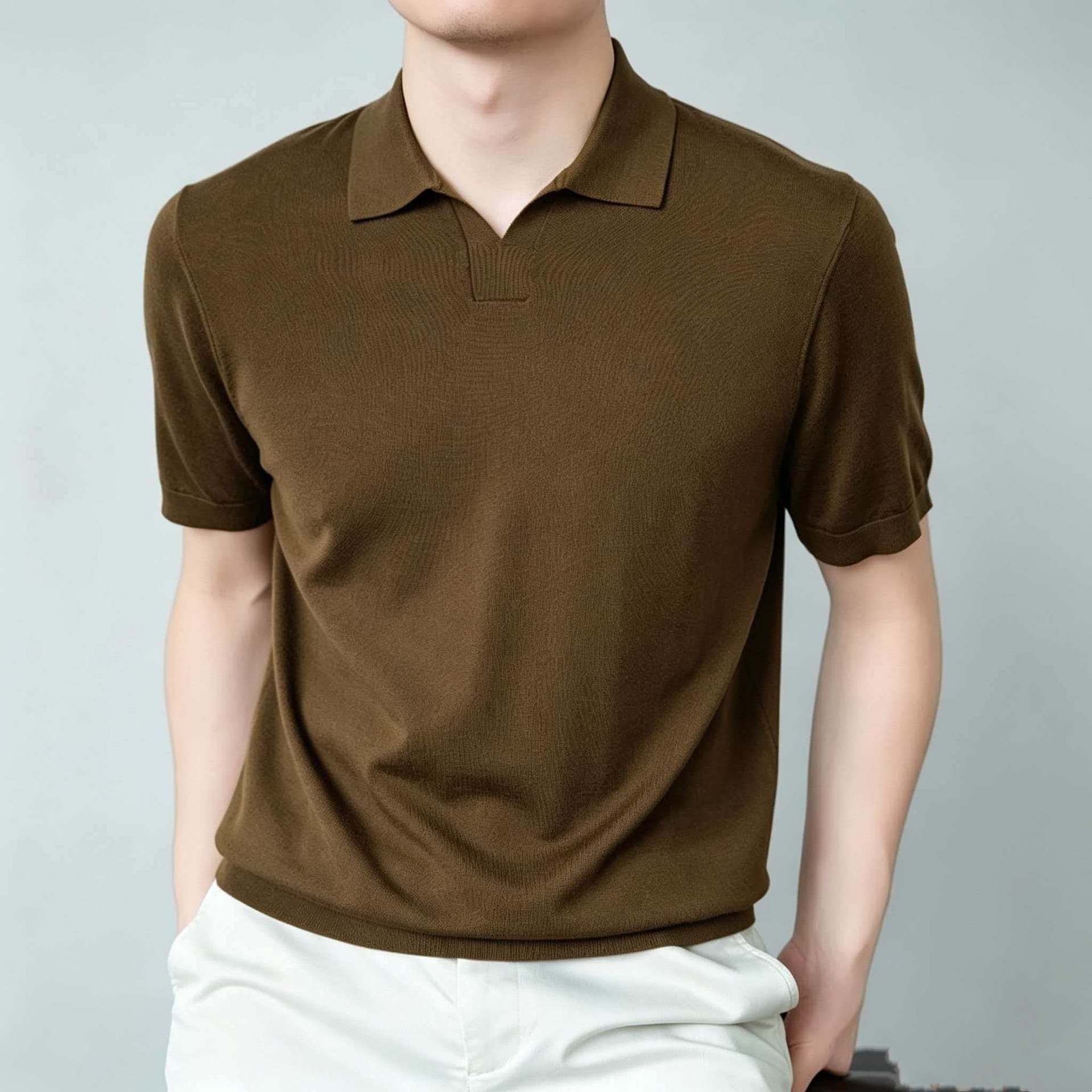 Men's Knit Polo Shirt Short Sleeve Open Collar Top