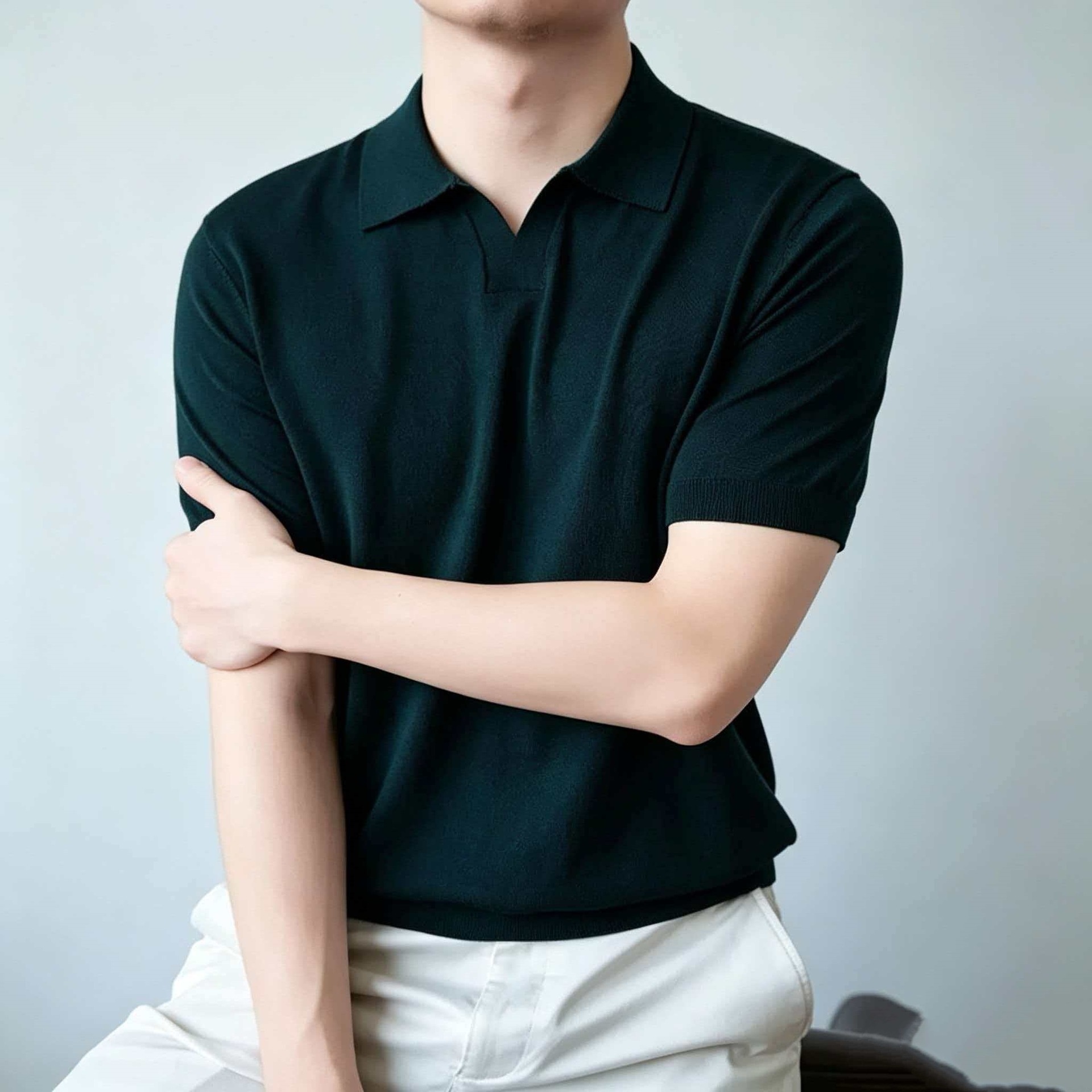 Men's Knit Polo Shirt Short Sleeve Open Collar Top