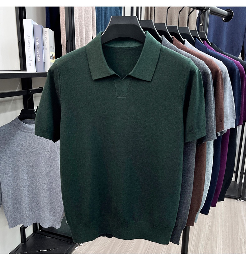 Men's Knit Polo Shirt Short Sleeve Open Collar Top