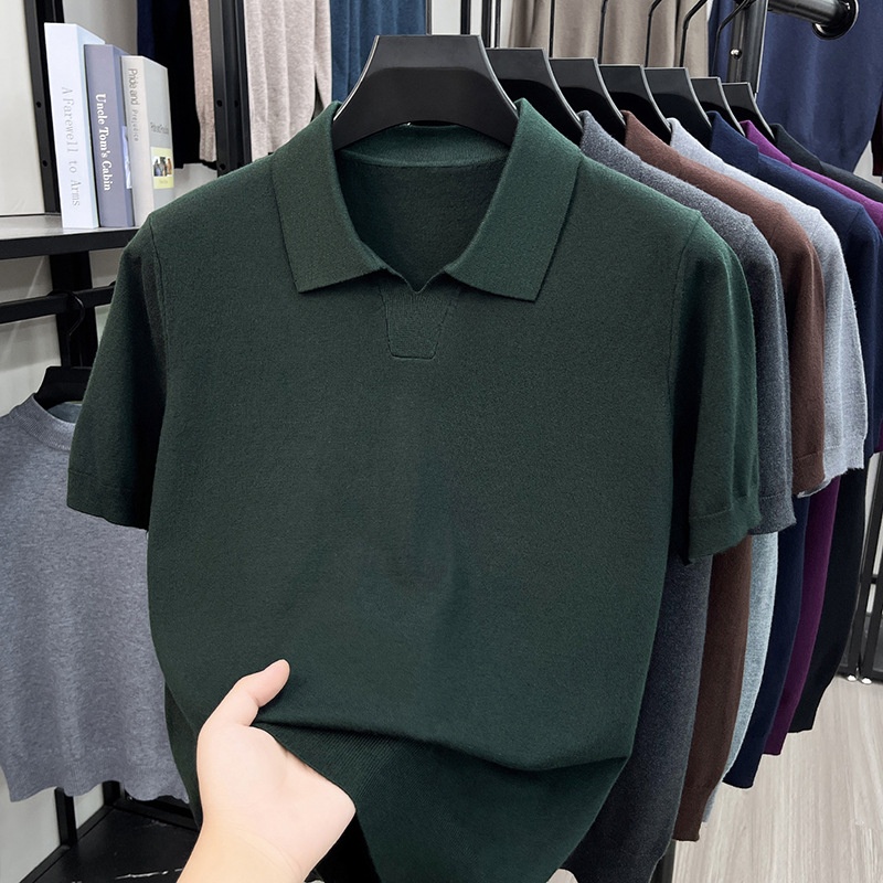 Men's Knit Polo Shirt Short Sleeve Open Collar Top