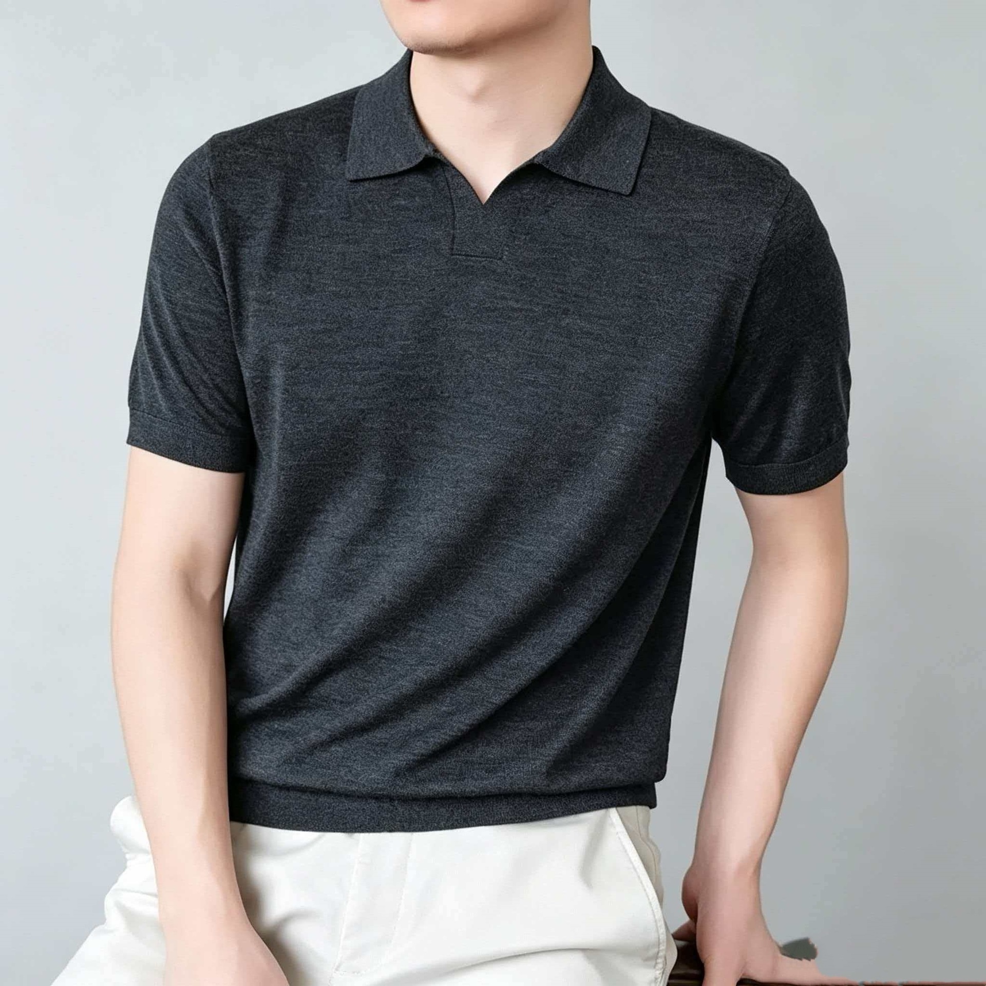 Men's Knit Polo Shirt Short Sleeve Open Collar Top