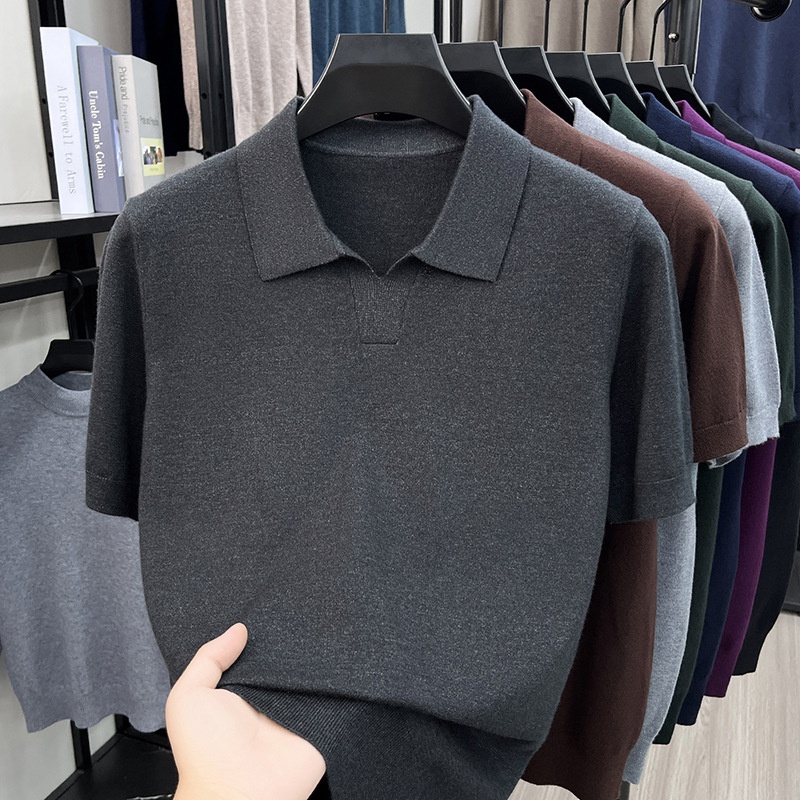 Men's Knit Polo Shirt Short Sleeve Open Collar Top