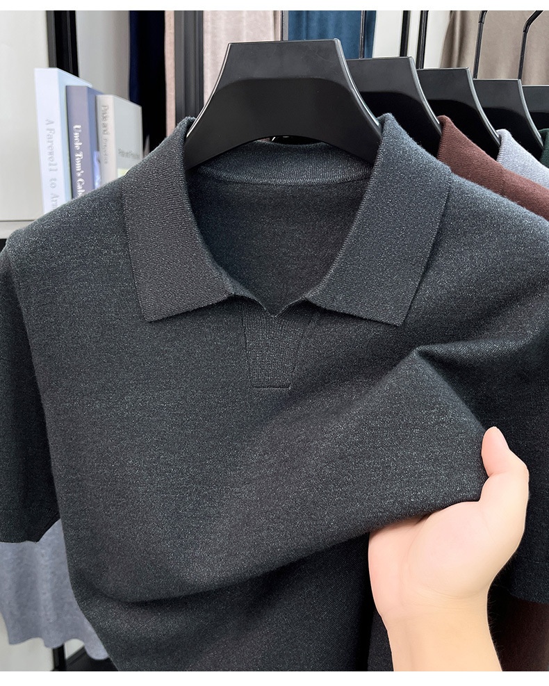 Men's Knit Polo Shirt Short Sleeve Open Collar Top