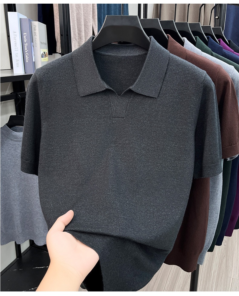 Men's Knit Polo Shirt Short Sleeve Open Collar Top