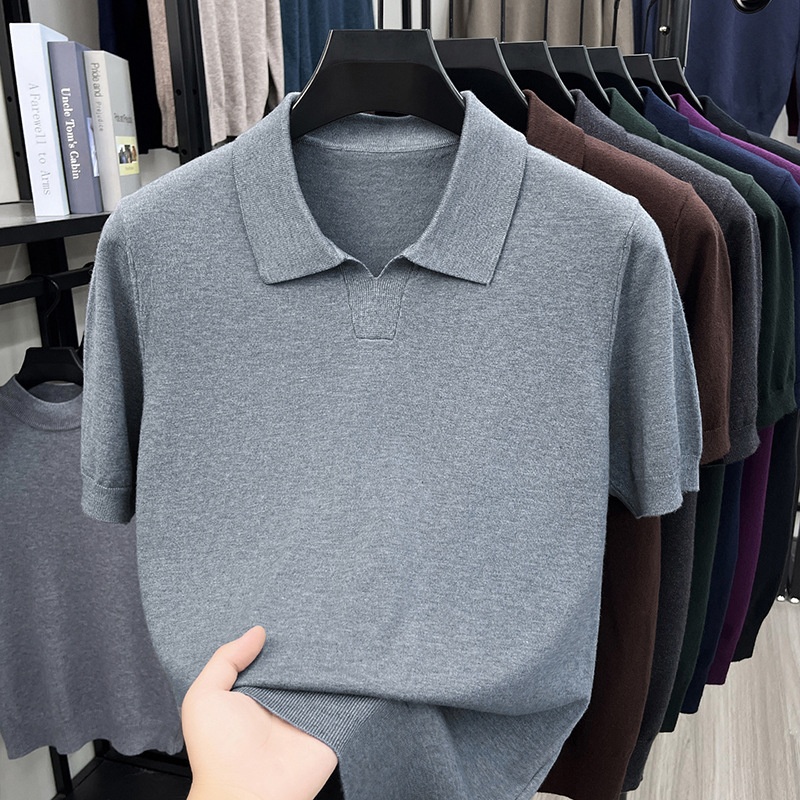 Men's Knit Polo Shirt Short Sleeve Open Collar Top