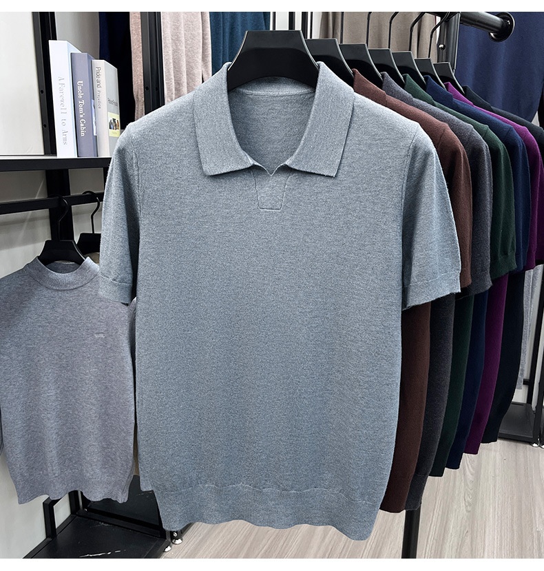 Men's Knit Polo Shirt Short Sleeve Open Collar Top