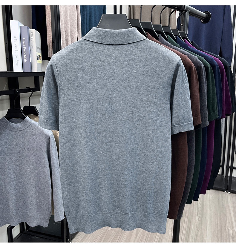 Men's Knit Polo Shirt Short Sleeve Open Collar Top
