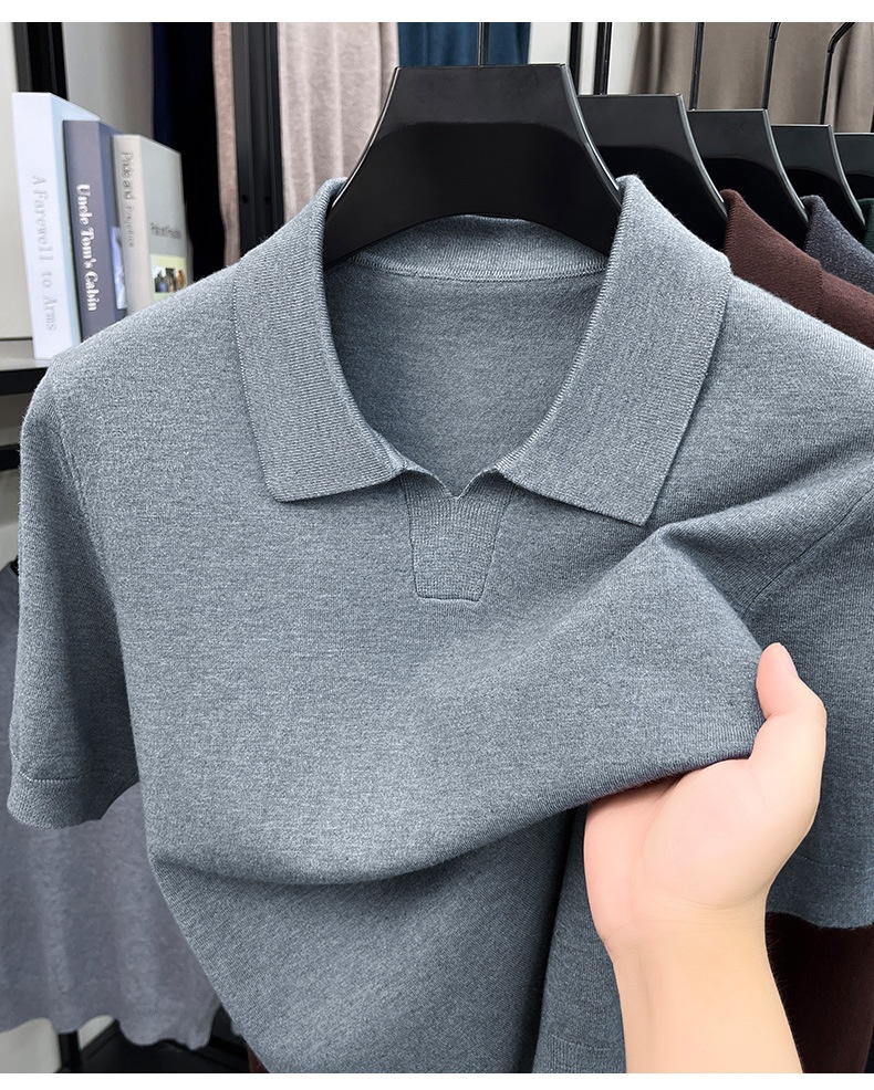 Men's Knit Polo Shirt Short Sleeve Open Collar Top
