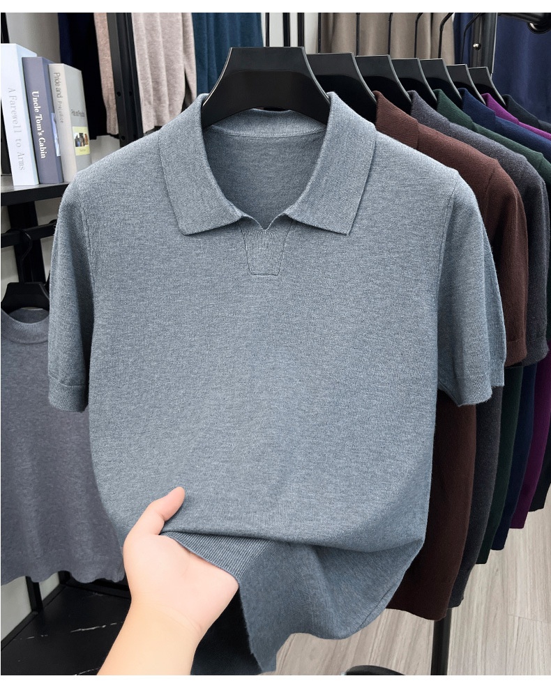 Men's Knit Polo Shirt Short Sleeve Open Collar Top
