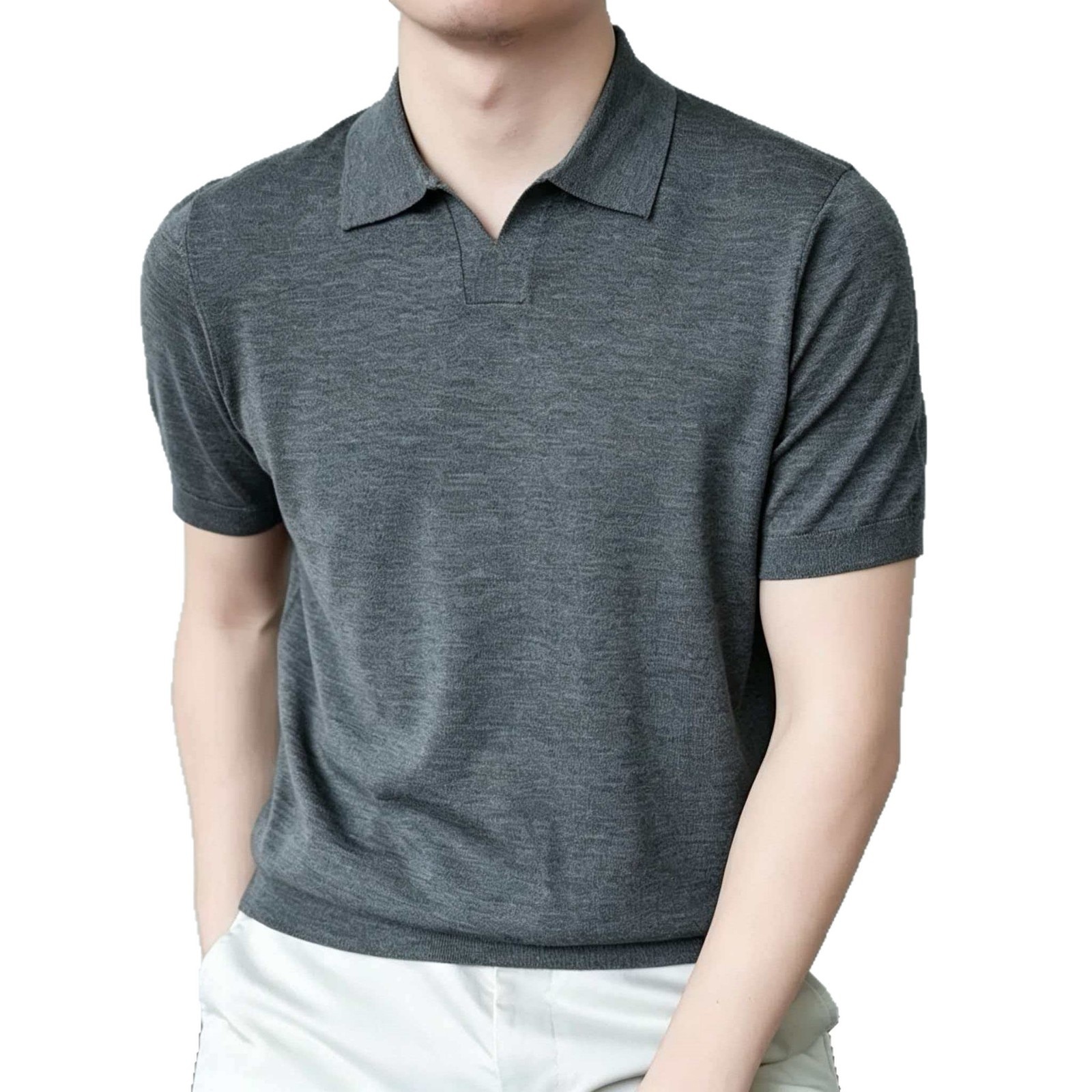 Men's Knit Polo Shirt Short Sleeve Open Collar Top