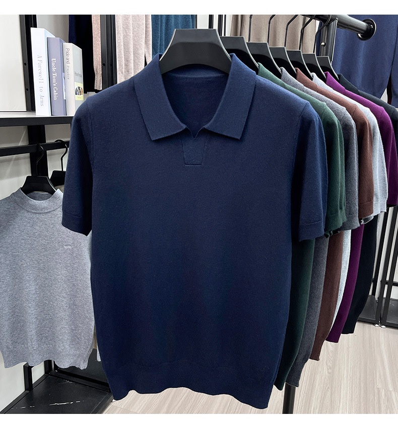 Men's Knit Polo Shirt Short Sleeve Open Collar Top