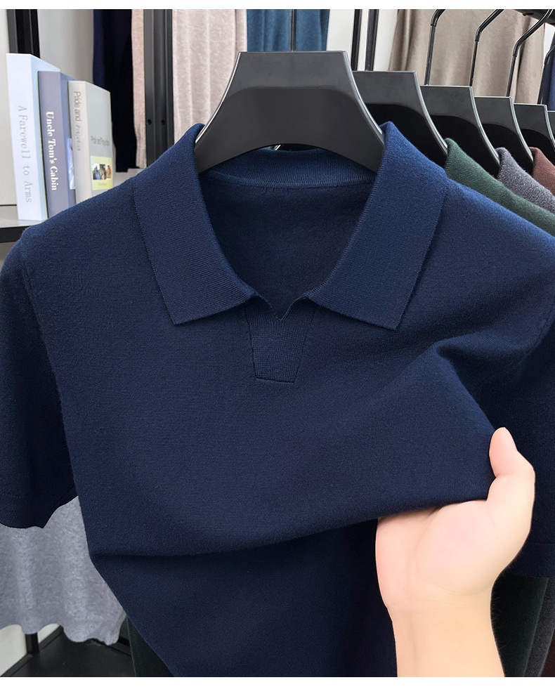 Men's Knit Polo Shirt Short Sleeve Open Collar Top