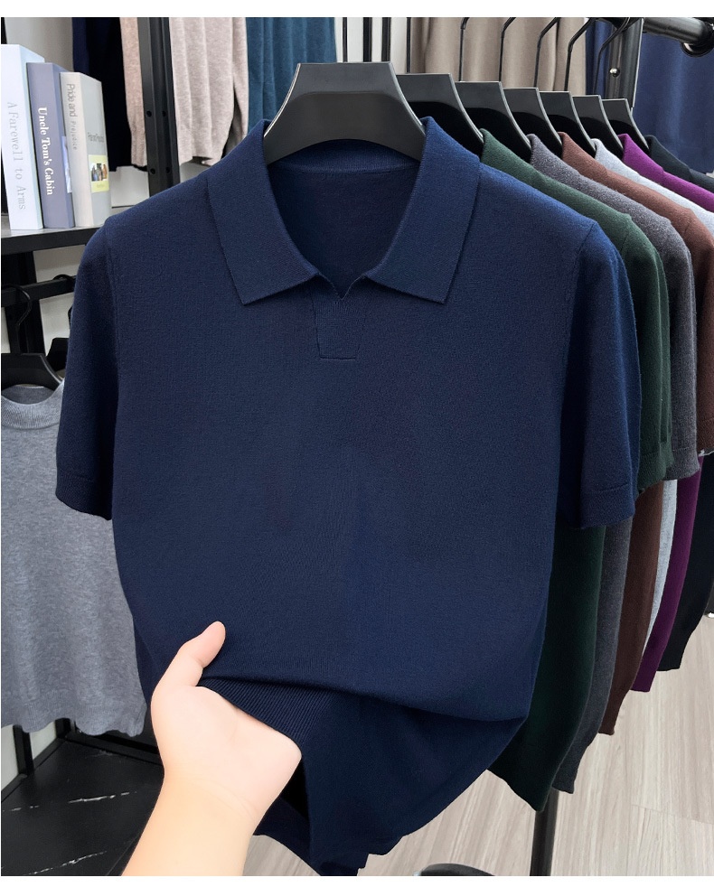 Men's Knit Polo Shirt Short Sleeve Open Collar Top