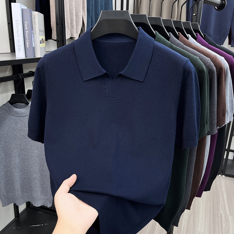 Men's Knit Polo Shirt Short Sleeve Open Collar Top