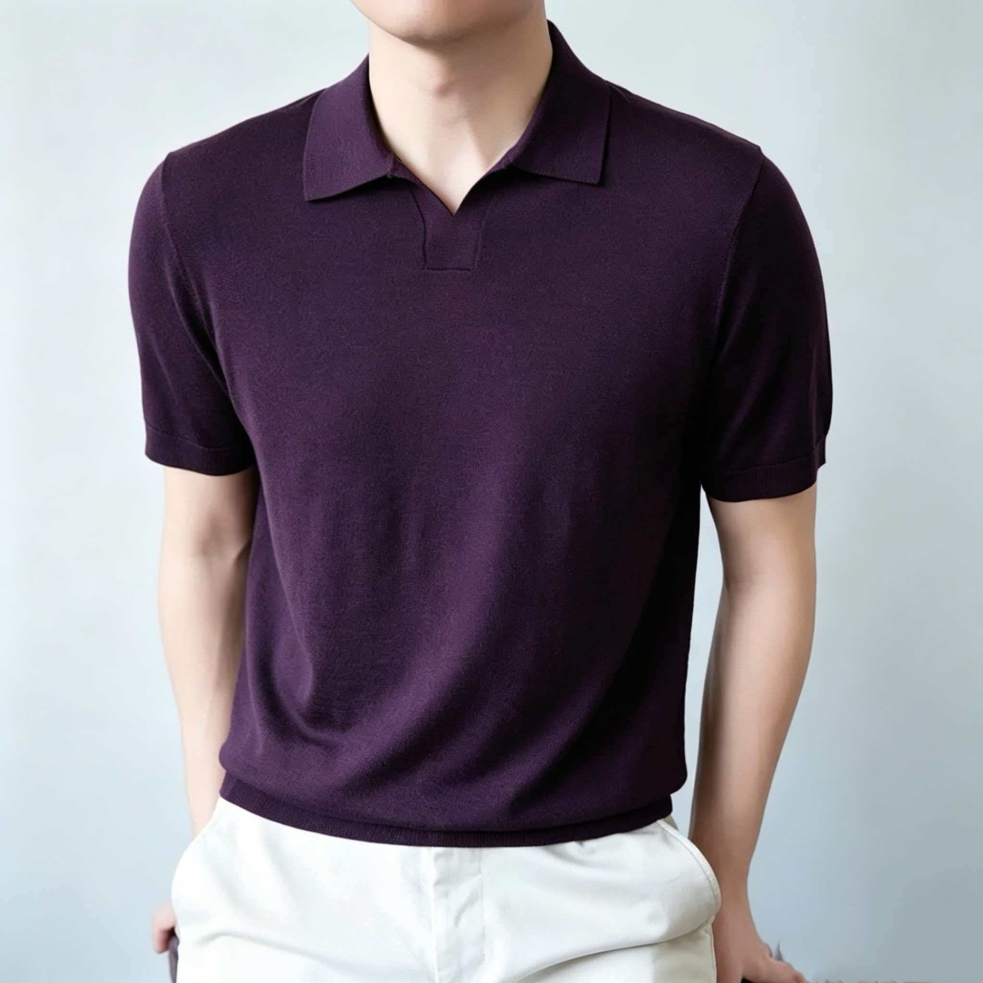 Men's Knit Polo Shirt Short Sleeve Open Collar Top