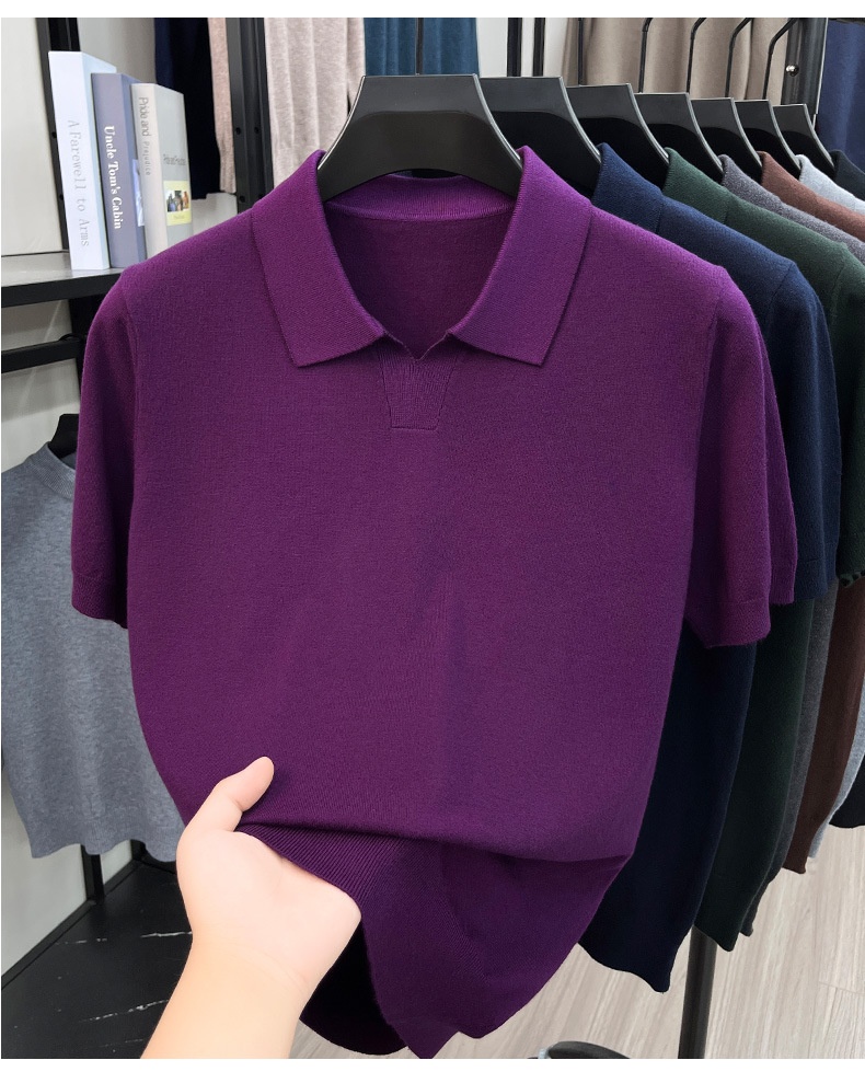 Men's Knit Polo Shirt Short Sleeve Open Collar Top