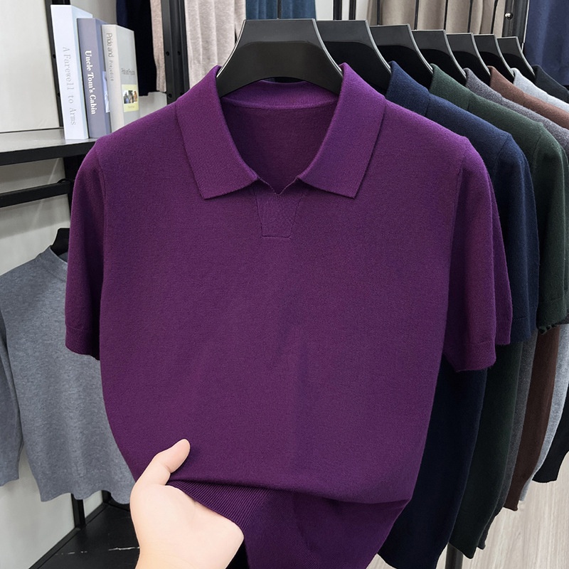 Men's Knit Polo Shirt Short Sleeve Open Collar Top