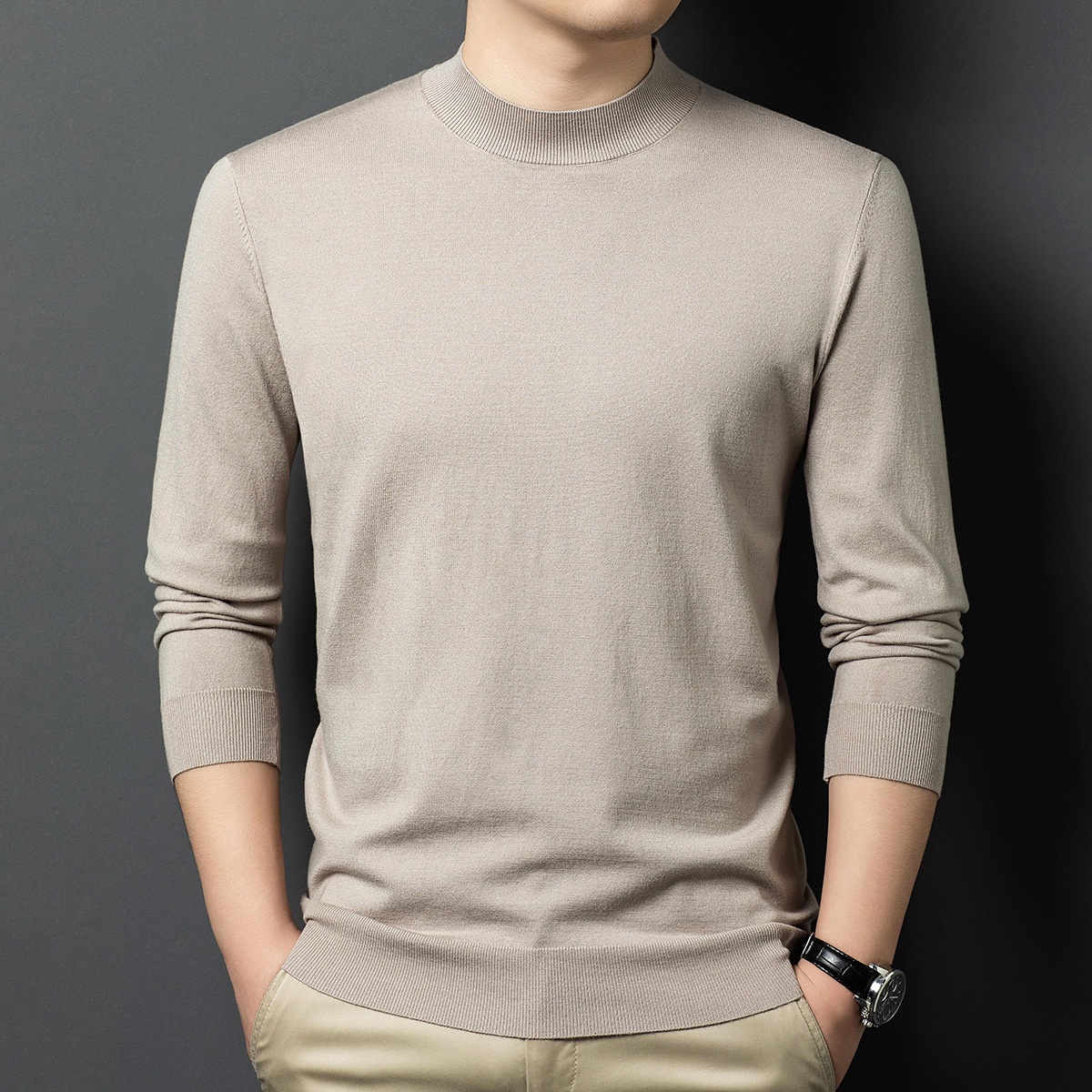 Men's Mock Neck Fine Knit Long Sleeve Pullover