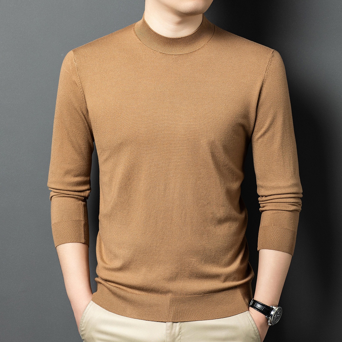 Men's Mock Neck Fine Knit Long Sleeve Pullover