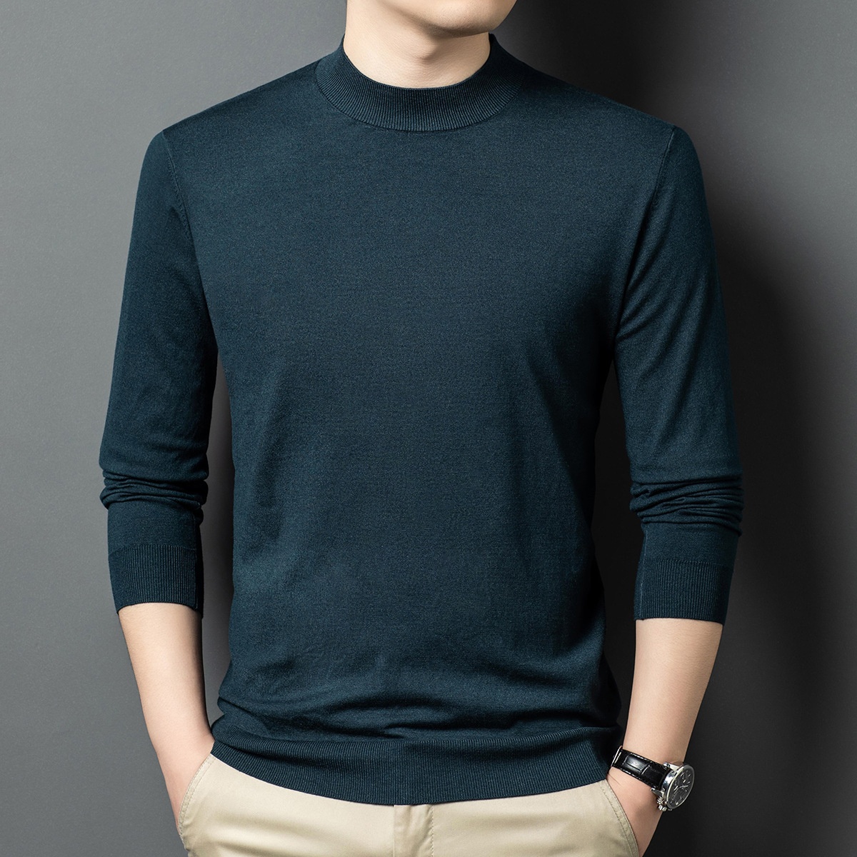 Men's Mock Neck Fine Knit Long Sleeve Pullover
