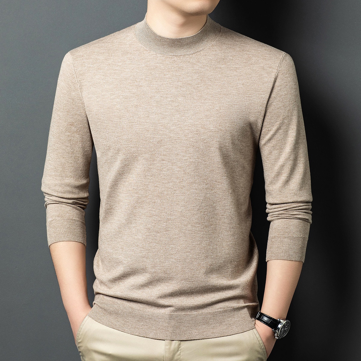 Men's Mock Neck Fine Knit Long Sleeve Pullover