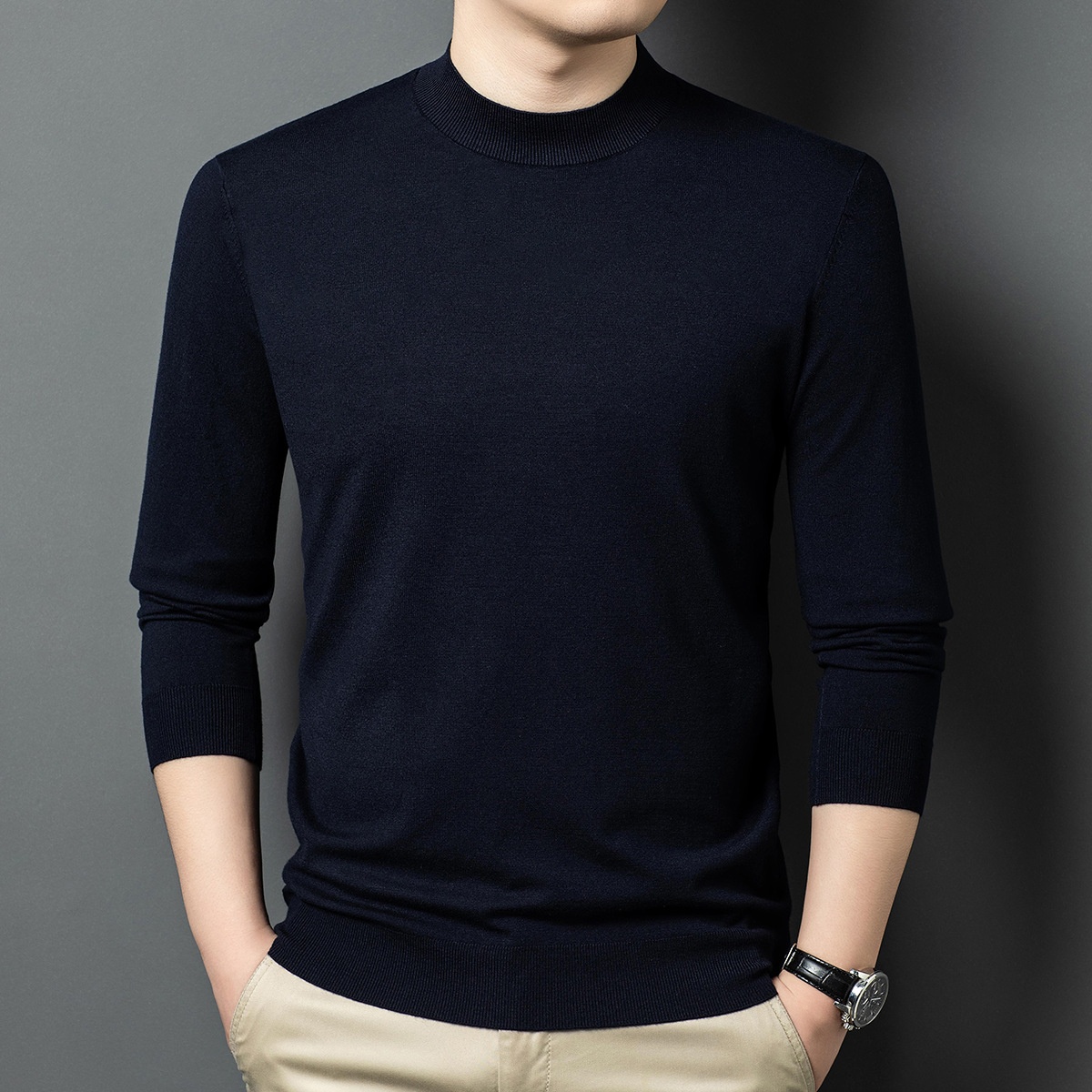 Men's Mock Neck Fine Knit Long Sleeve Pullover