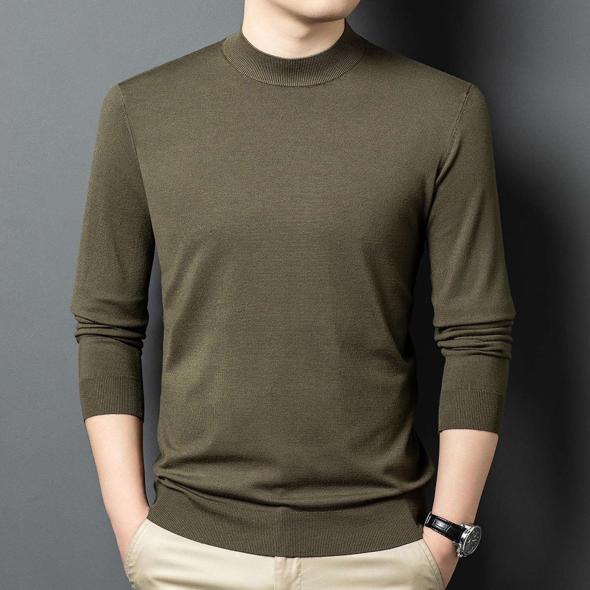 Men's Mock Neck Fine Knit Long Sleeve Pullover
